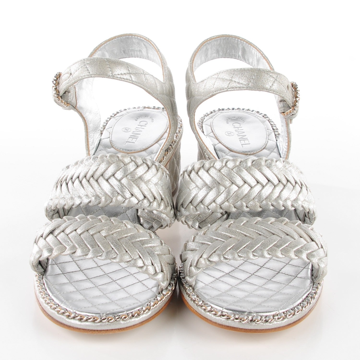 Chanel Metallic Goatskin Quilted Chain Sandals 39 Silver 2 of 7