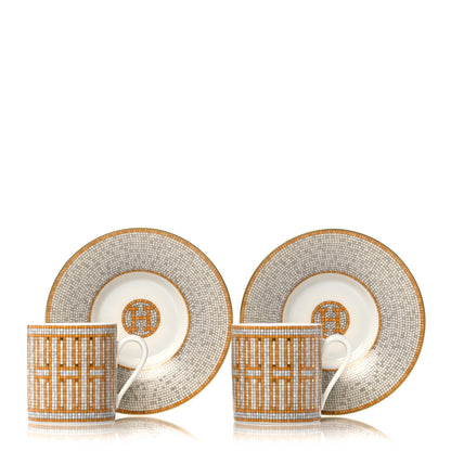 Hermes Porcelain Mosaique Au 24 Gold Coffee Cup and Saucer Set of 2 1 of 12