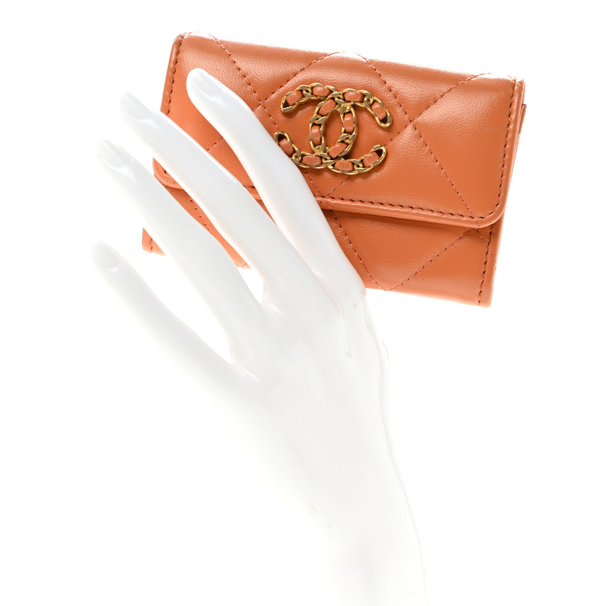 Lambskin Quilted Chanel 19 Flap Card Holder Brown