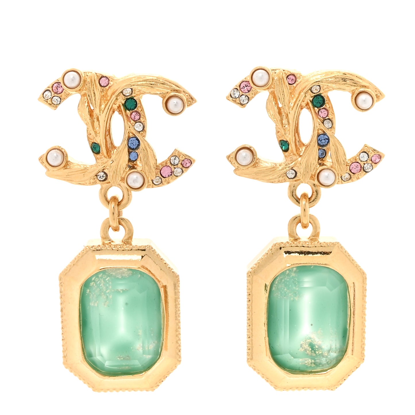 Crystal Pearl Glitter CC Drop Earrings Gold Green