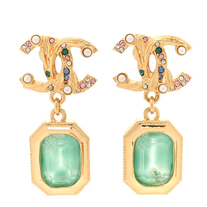 Chanel Crystal Pearl Glitter CC Drop Earrings Gold Green 1 of 5