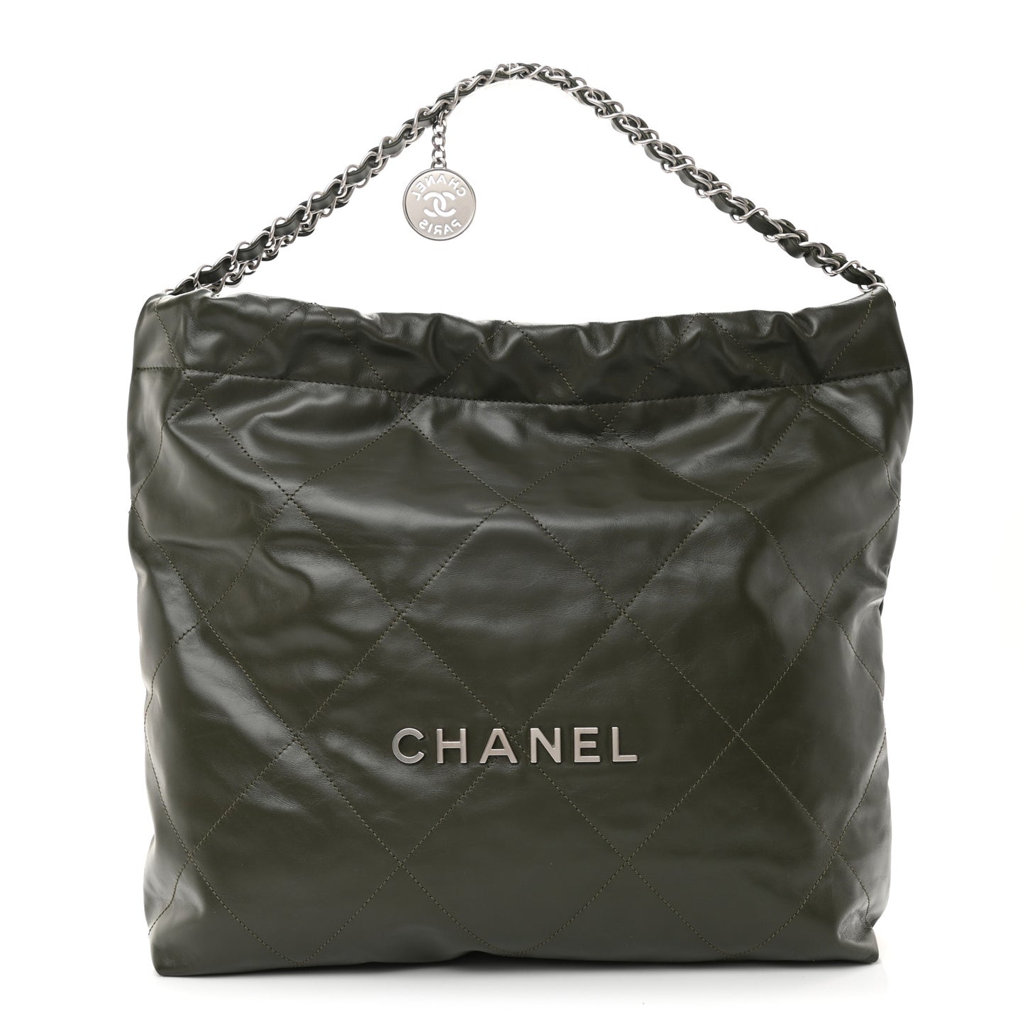 Shiny Calfskin Quilted Chanel 22 Khaki