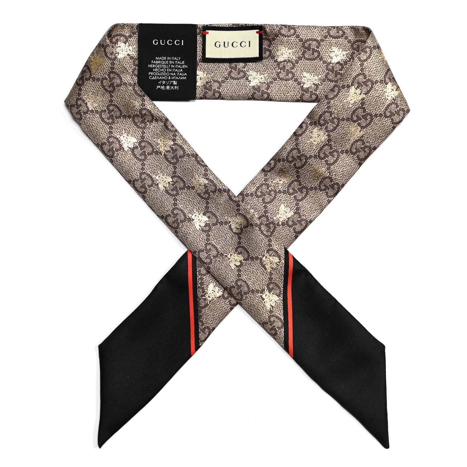 Gucci Silk Twill GG Monogram GG Bee Neck Bow Scarf Black Red 1 of 4