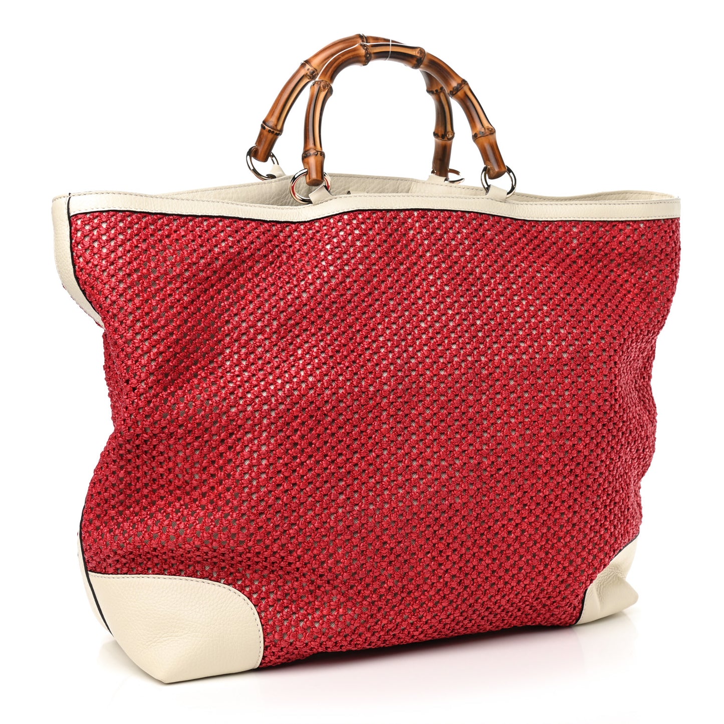 Straw Calfskin Bamboo Shopper Tote Raspberry