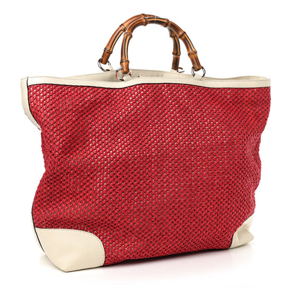 Gucci Straw Calfskin Bamboo Shopper Tote Raspberry 3 of 10