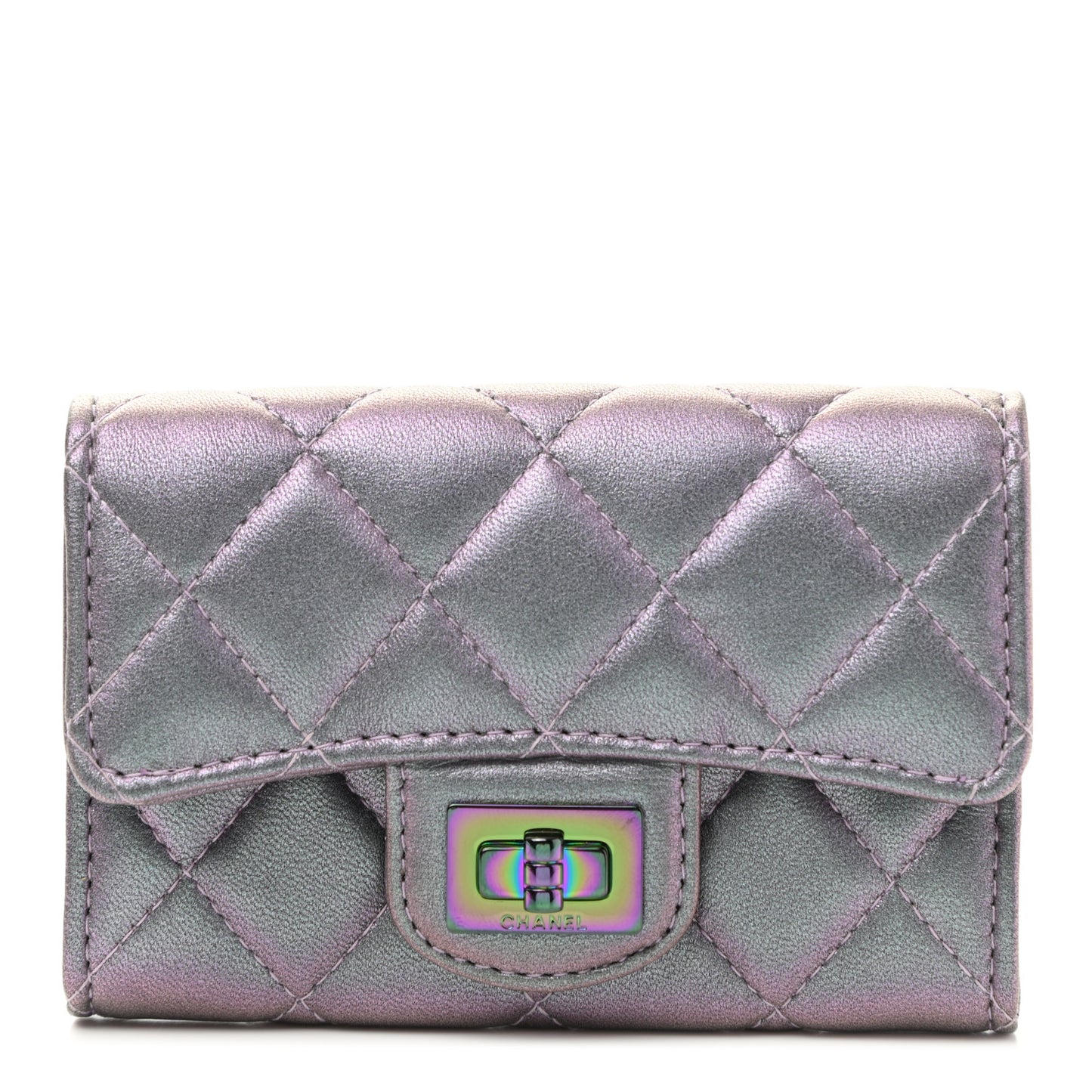 Iridescent Lambskin Quilted Reissue Flap Card Holder Light Purple