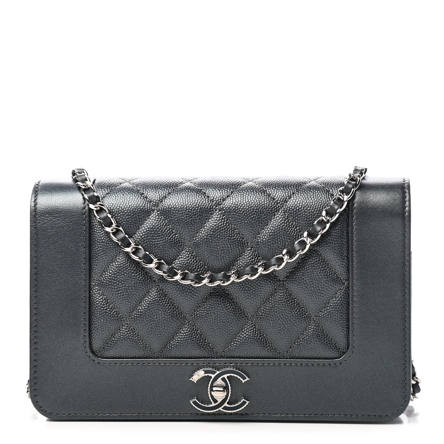 Chanel Metallic Caviar Chevron Quilted Vintage Mademoiselle Wallet On Chain WOC Charcoal 1 of 9