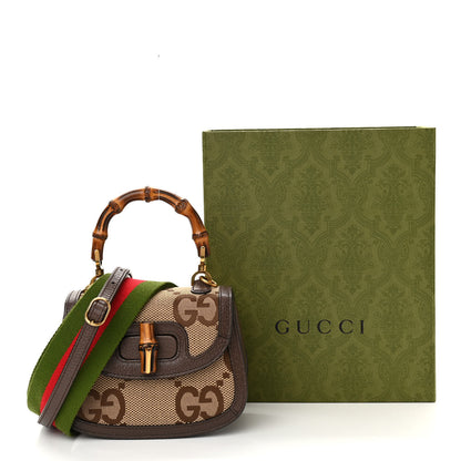 Gucci Monogram Jumbo GG Textured Dollar Calfskin Web Mini Bamboo 1947 Top Handle Bag Camel Ebony New Acero 12 of 12
