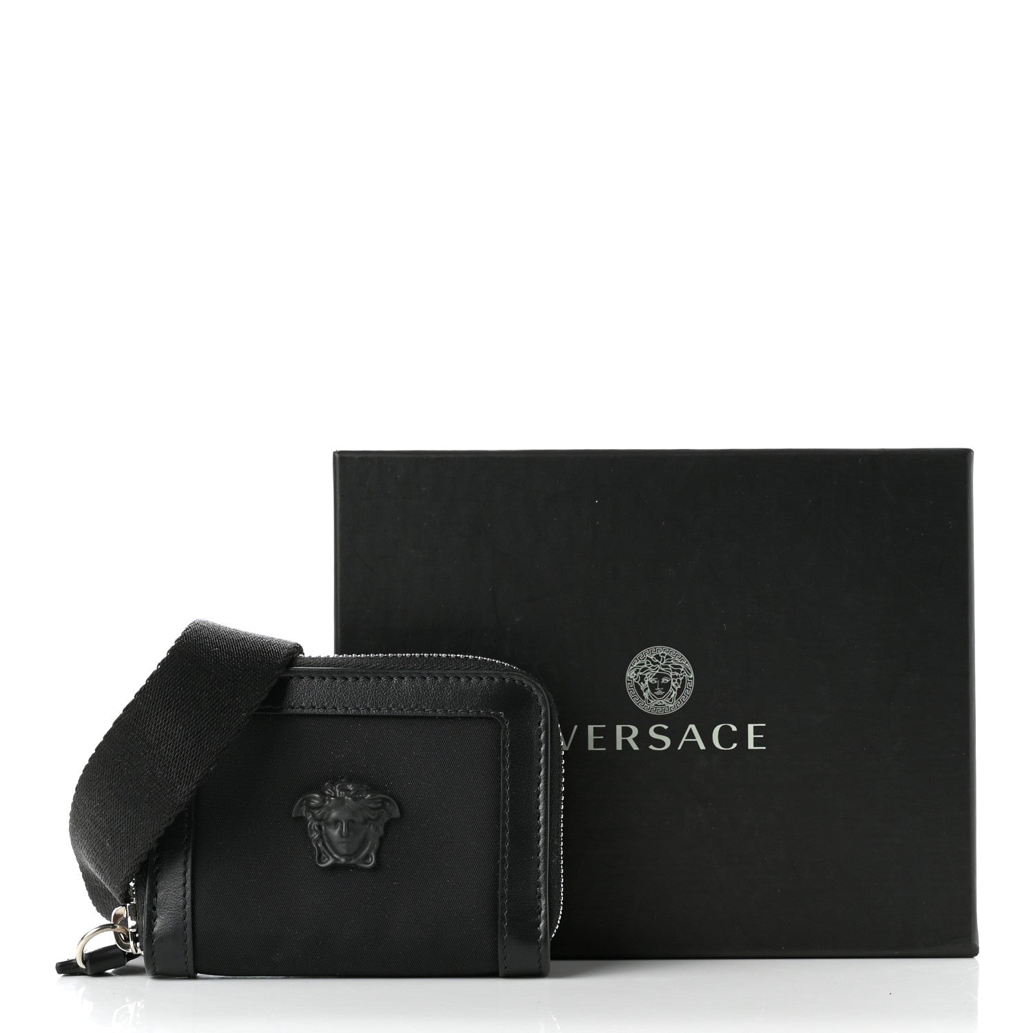 Versace Calfskin Nylon La Medusa Zip Around Lanyard Wallet Black 7 of 7