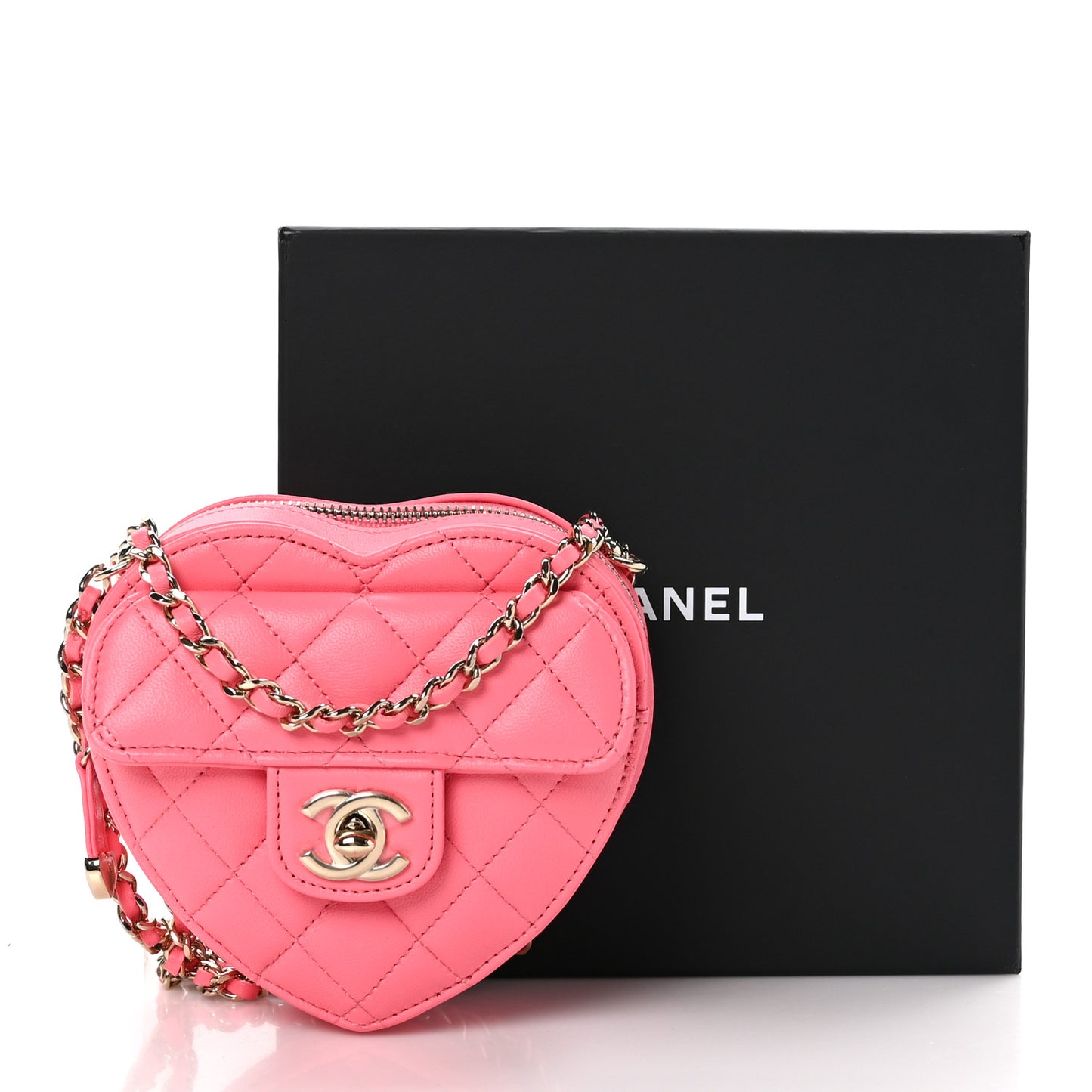 Lambskin Quilted CC In Love Heart Clutch With Chain Pink