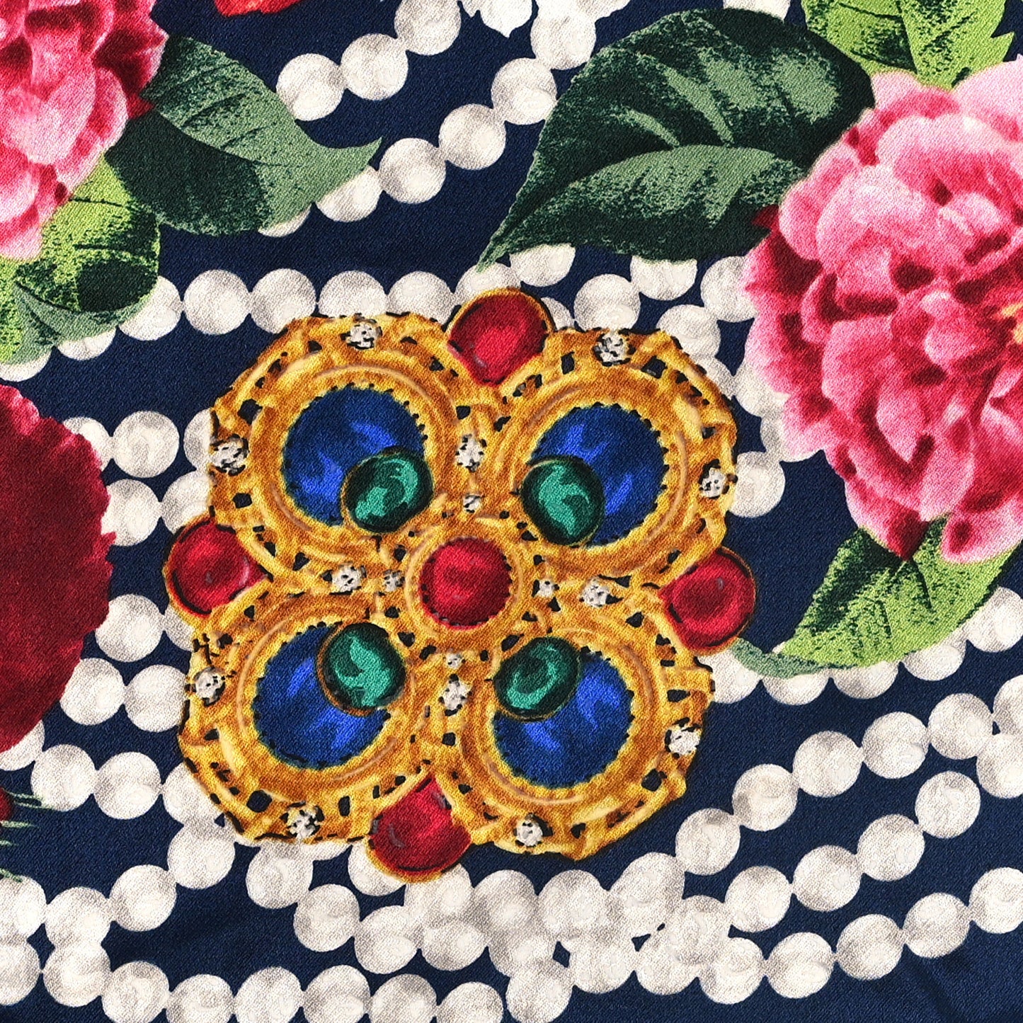 Silk CC Gripoix Pearl Flower Mini Bandana Navy Blue White Multicolor