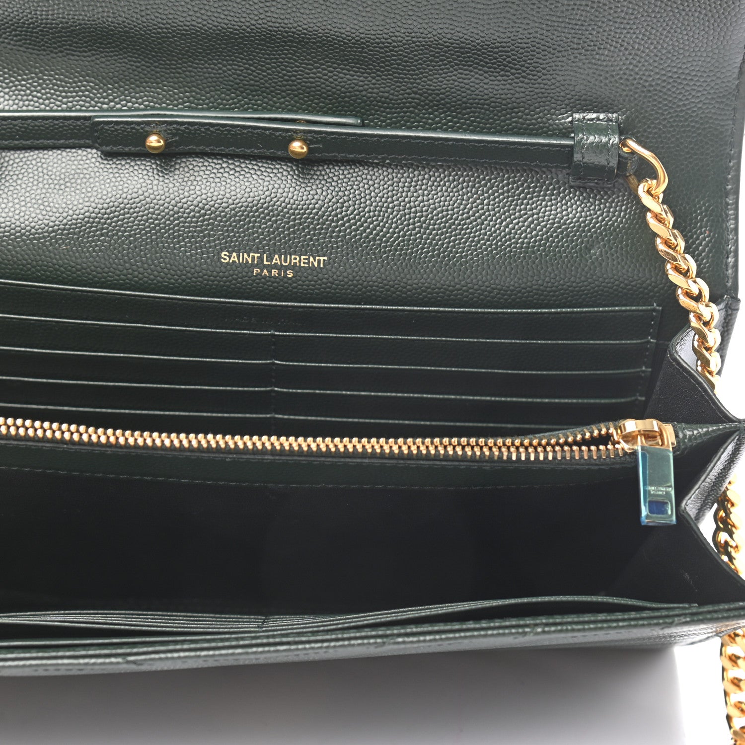 Saint Laurent Grain De Poudre Matelasse Chevron Monogram Chain Wallet Dark Green 6 of 9