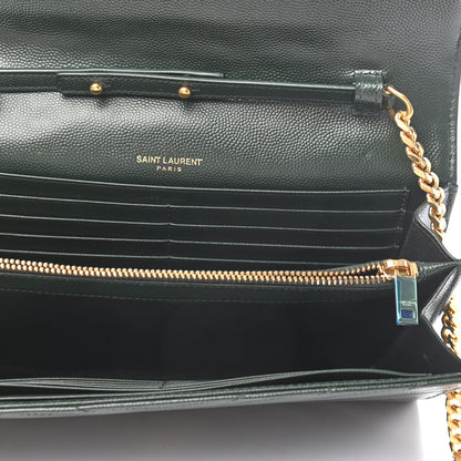 Saint Laurent Grain De Poudre Matelasse Chevron Monogram Chain Wallet Dark Green 6 of 9