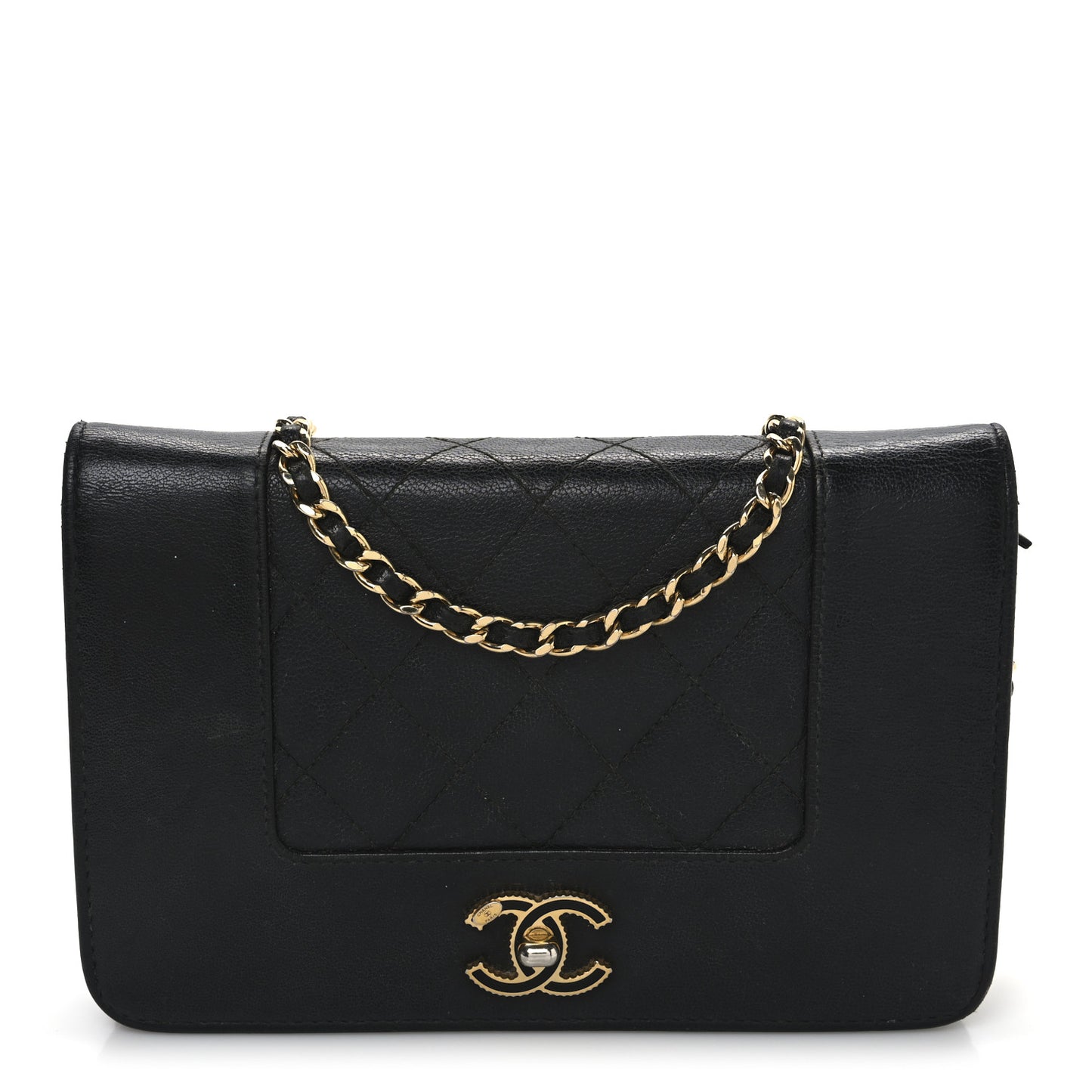 Sheepskin Quilted Mini Vintage Mademoiselle Wallet On Chain WOC Black