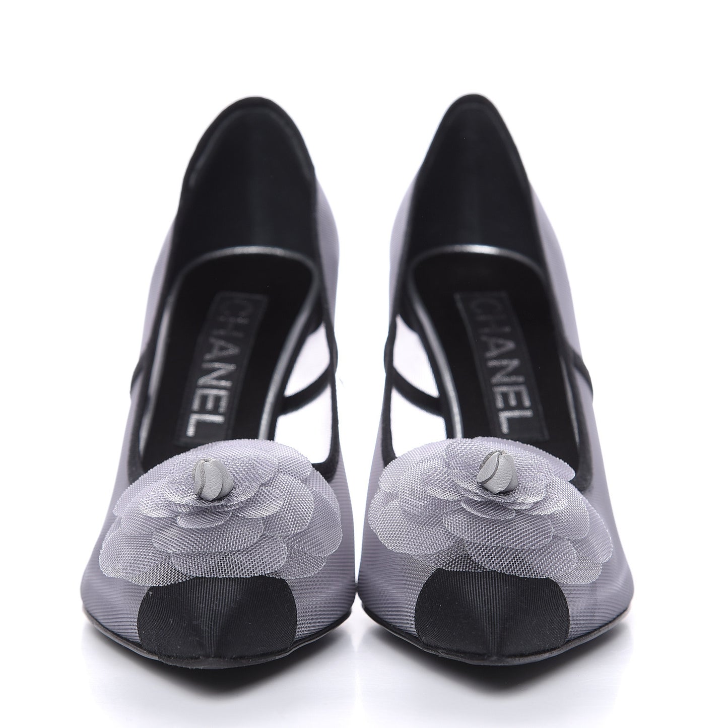 Mesh Grosgrain Camellia Pumps 35 Grey Black