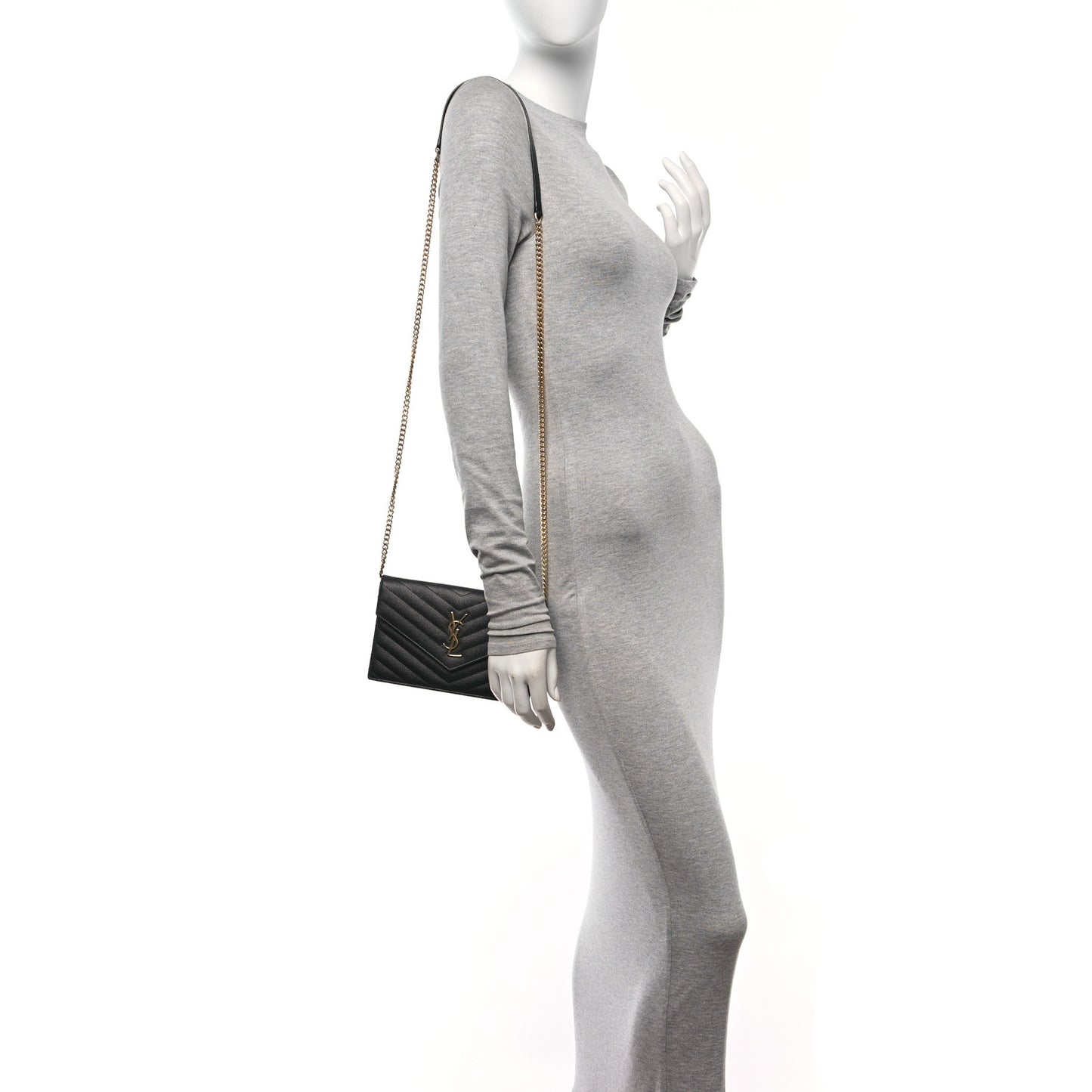 Grain De Poudre Matelasse Chevron Monogram Envelope Chain Wallet Black