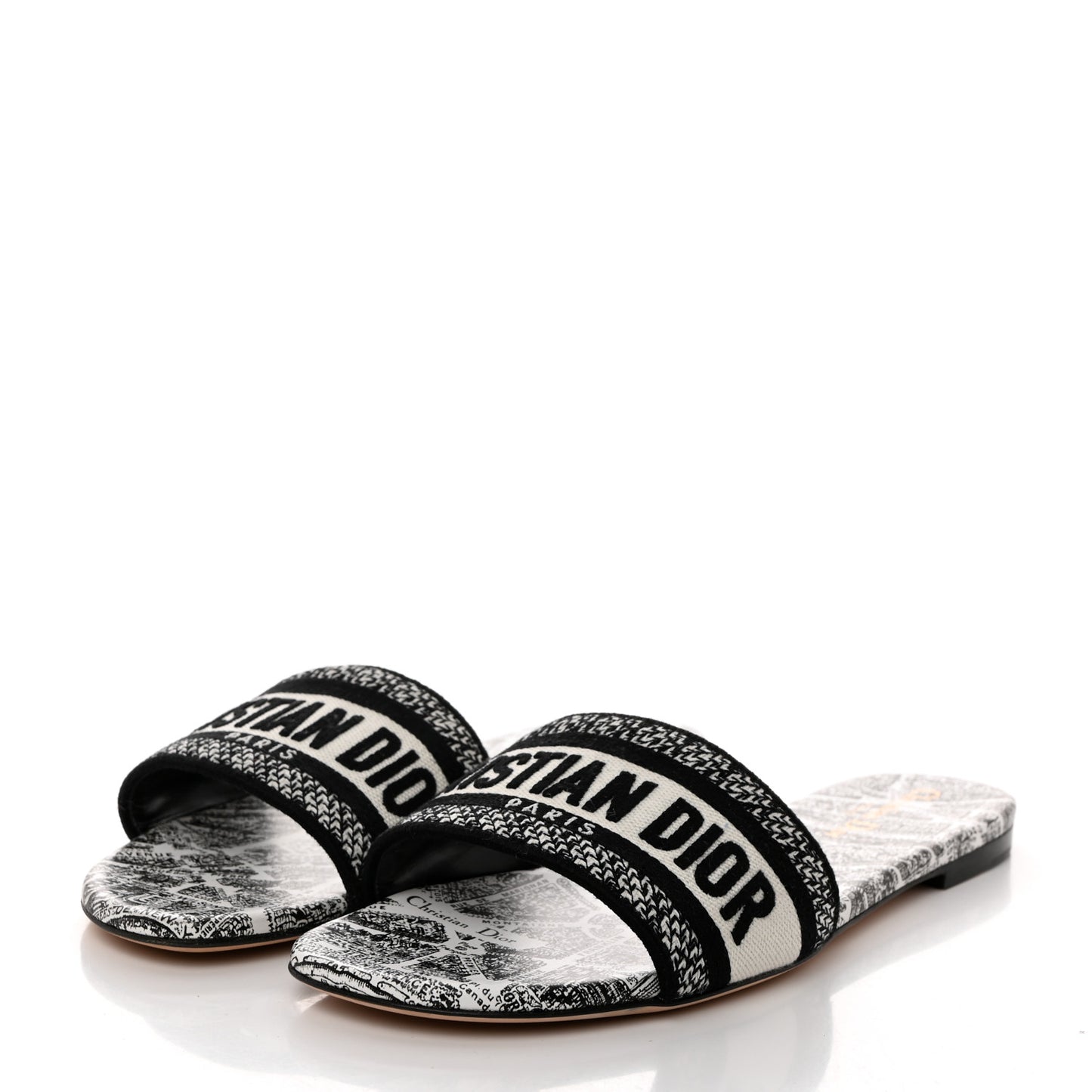 Canvas Plan de Paris Embroidered Dway Flat Slide Sandals 40.5 Off White Black