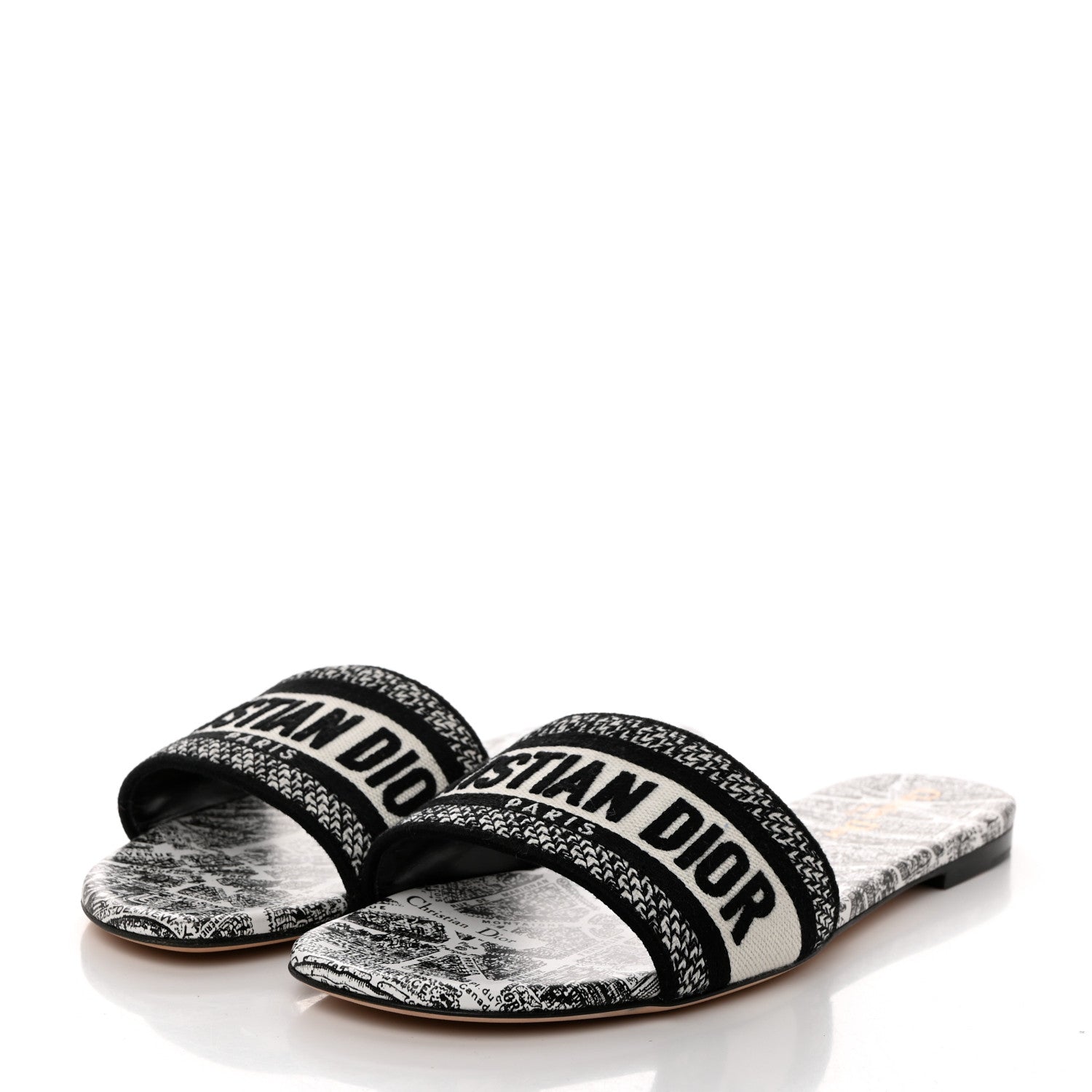 Christian Dior Canvas Plan de Paris Embroidered Dway Flat Slide Sandals 40.5 Off White Black 3 of 9