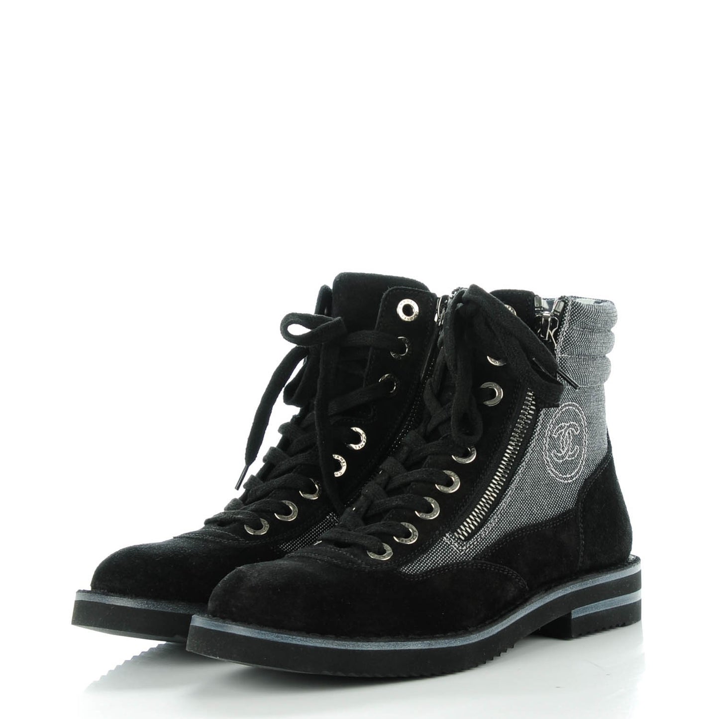 Toile Suede Calfskin CC Lace Up Short Boots 36.5 Dark Grey