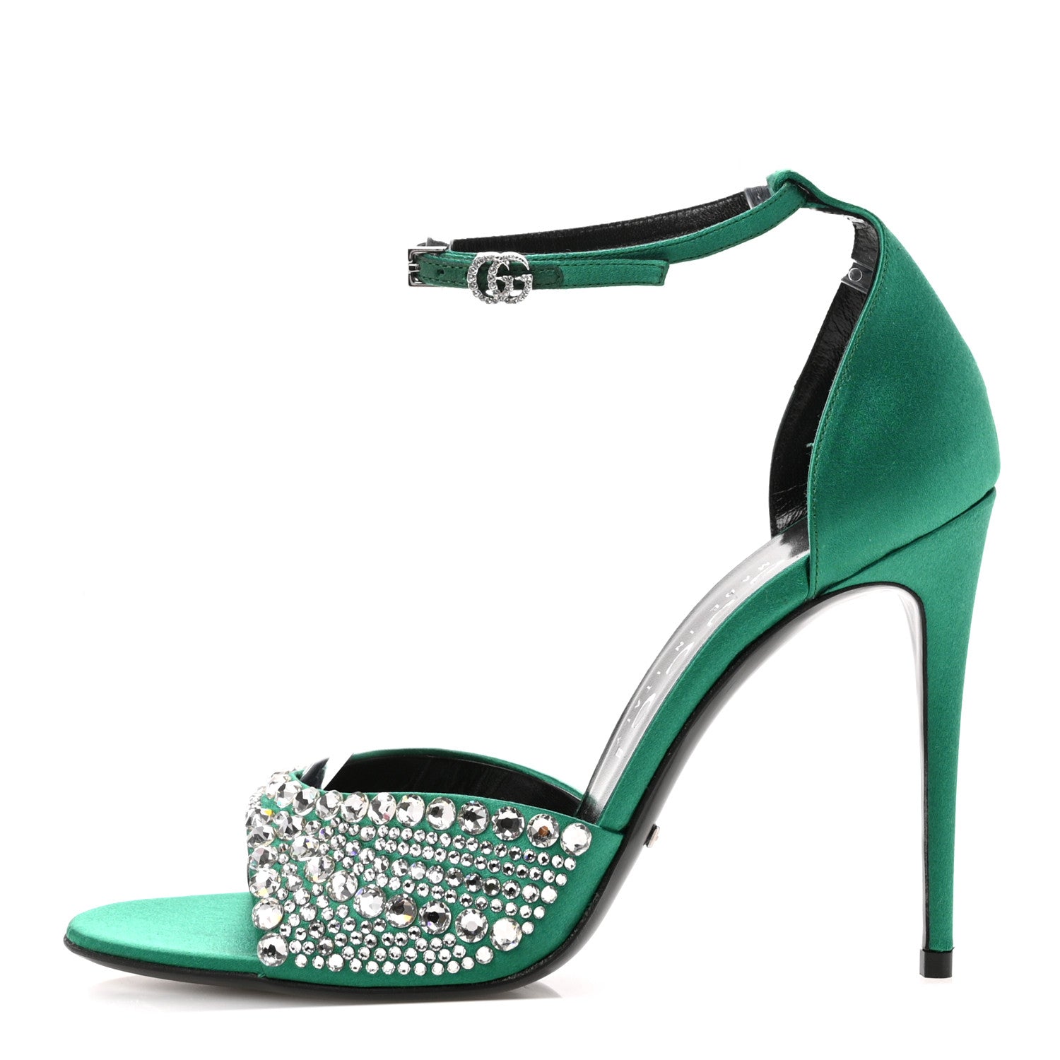 Gucci Satin Crystal Ankle Strap Sandal Pumps 39.5 Emerald 1 of 9