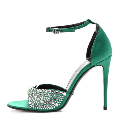 Gucci Satin Crystal Ankle Strap Sandal Pumps 39.5 Emerald 1 of 9