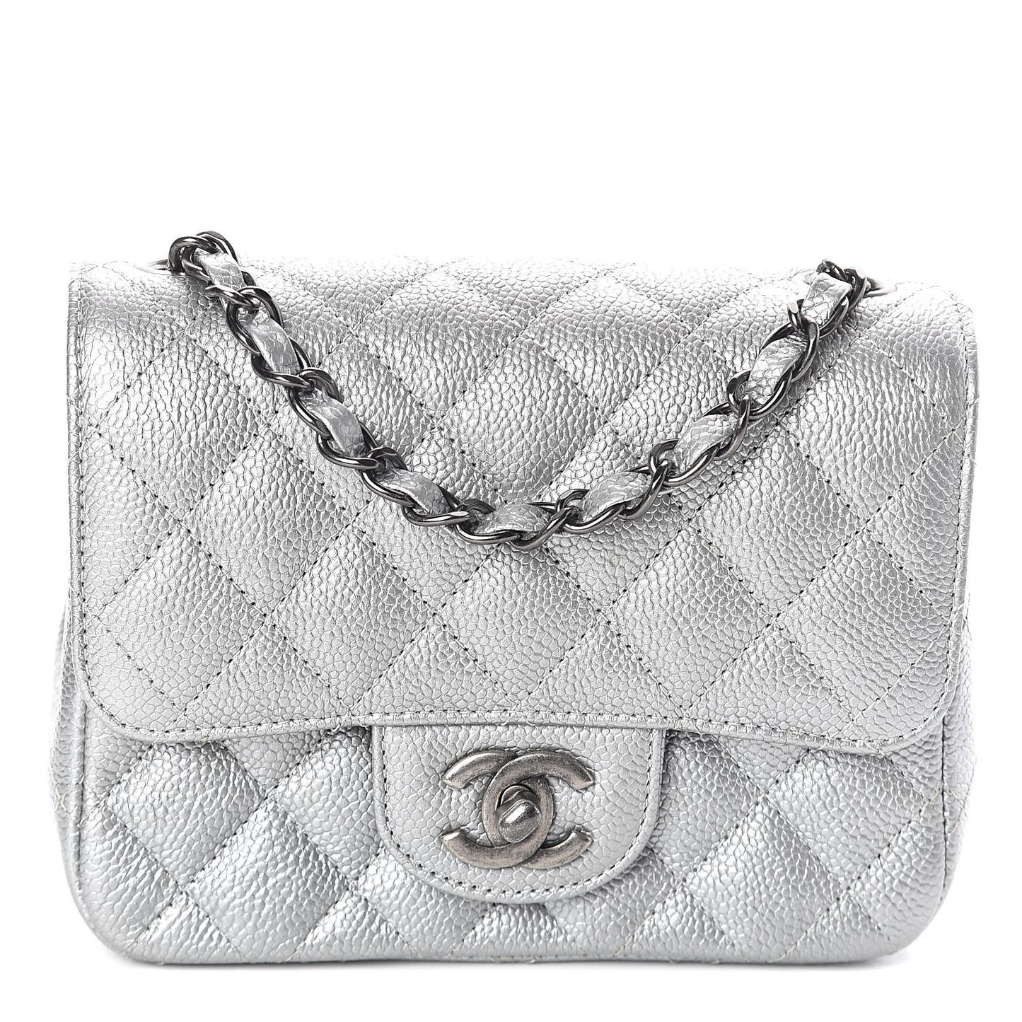 Metallic Caviar Quilted Mini Square Flap Silver