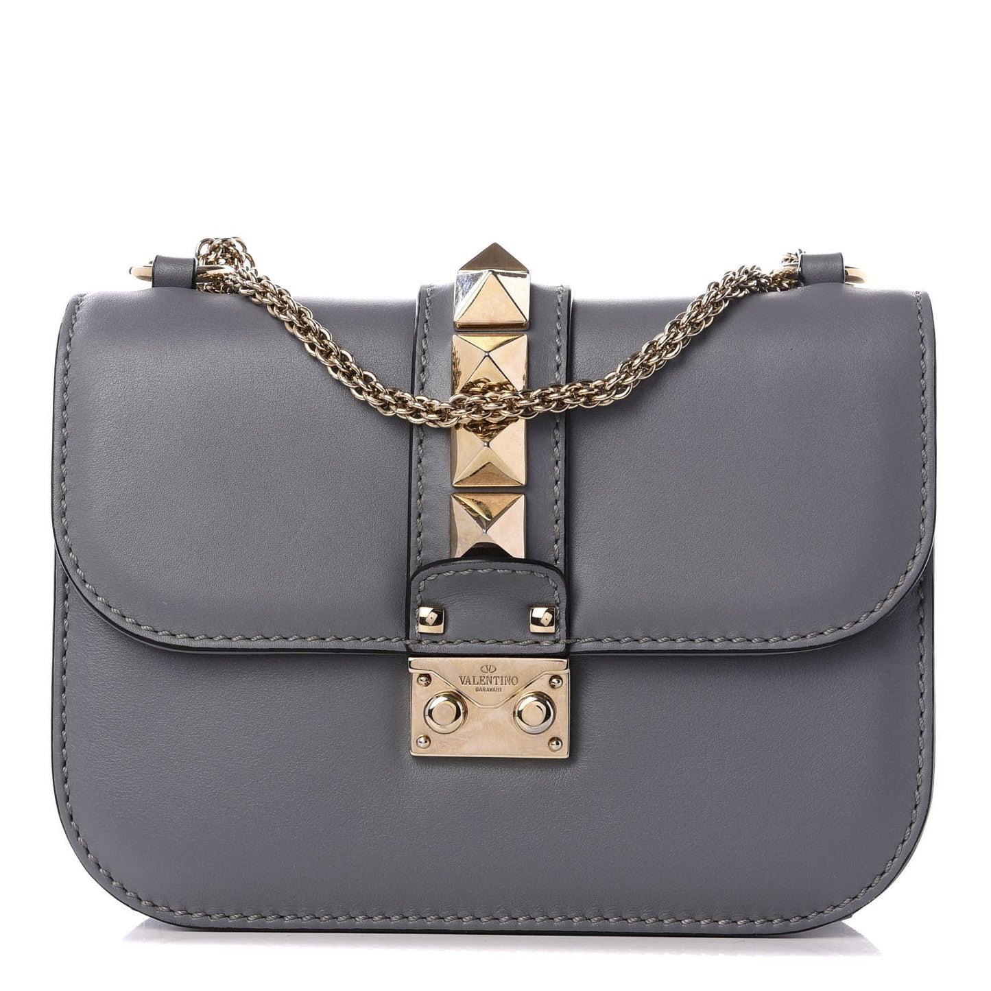 Vitello Small Glam Lock Rockstud Flap Gray