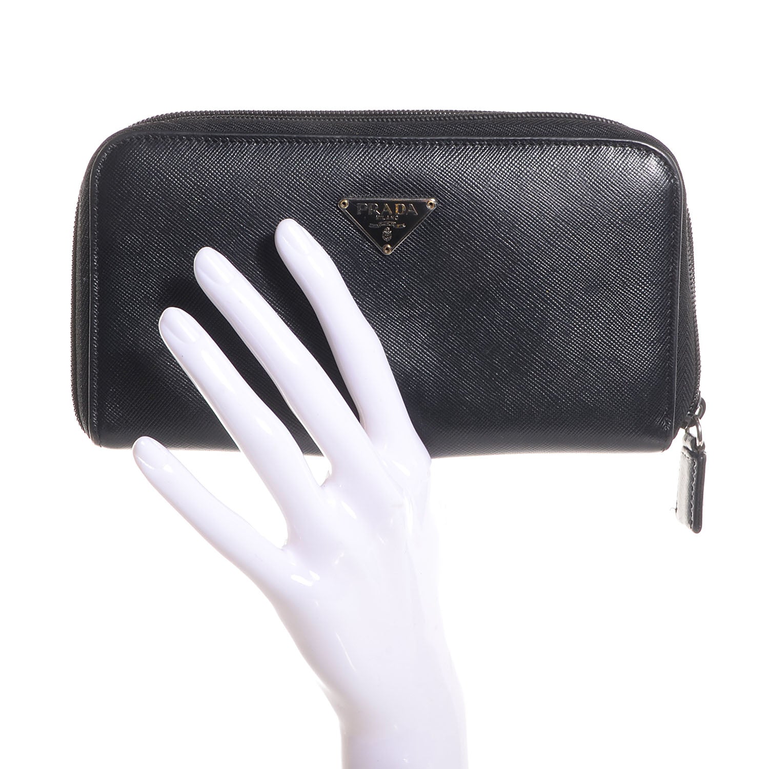 Prada Saffiano Triangle Zip Around Wallet Nero Black 2 of 9