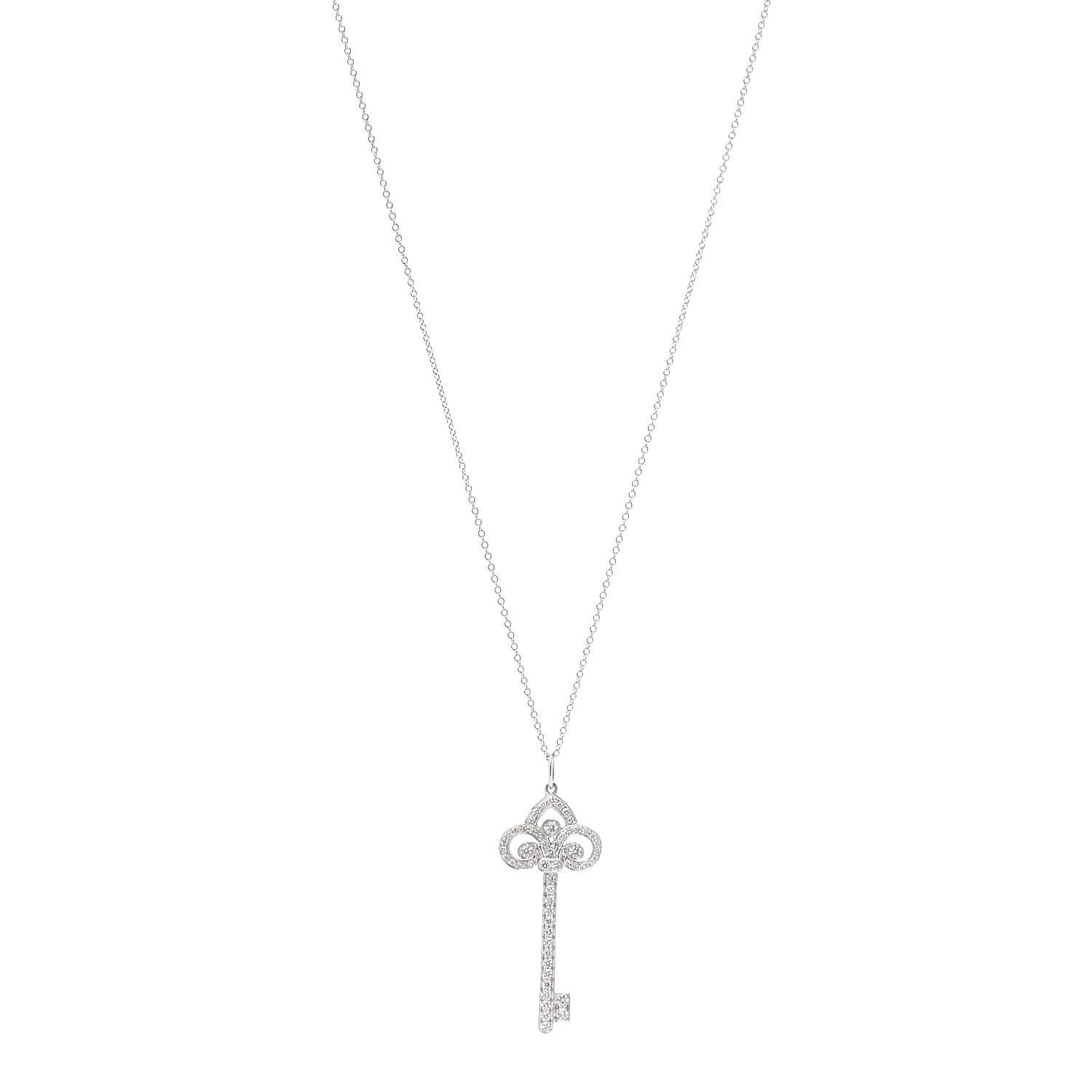 Tiffany Platinum Diamond .41ct Fleur De Lis Key Pendant Necklace 1 of 7