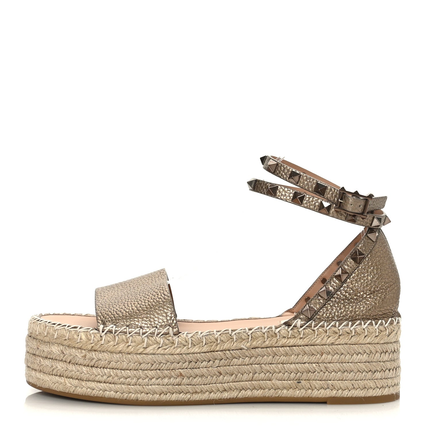 Valentino Garavani Metallic Grained Calfskin Rockstud Ankle Wrap Espadrille Flatform Sandals 40 Skin Natural 1 of 8