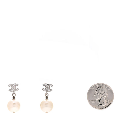Chanel Crystal Pearl CC Drop Earrings Silver Pearly White 2 of 4