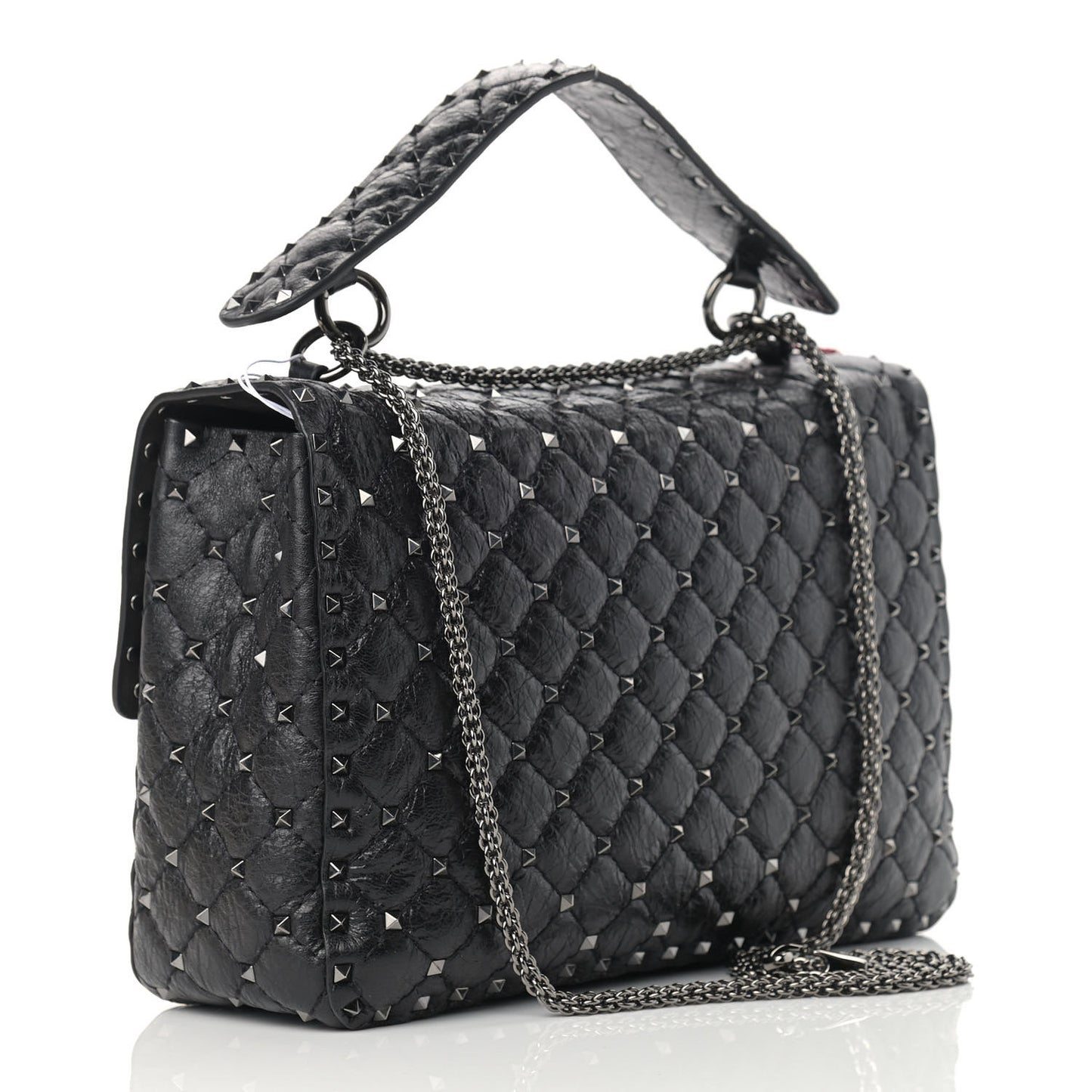 Craquele Nappa Large Rockstud Spike Shoulder Bag Black