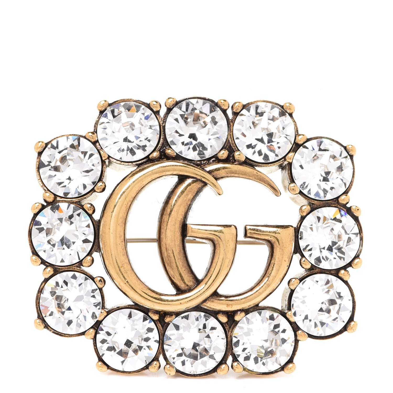 Gucci Metal Crystal Double G Brooch Aged Gold 1 of 6