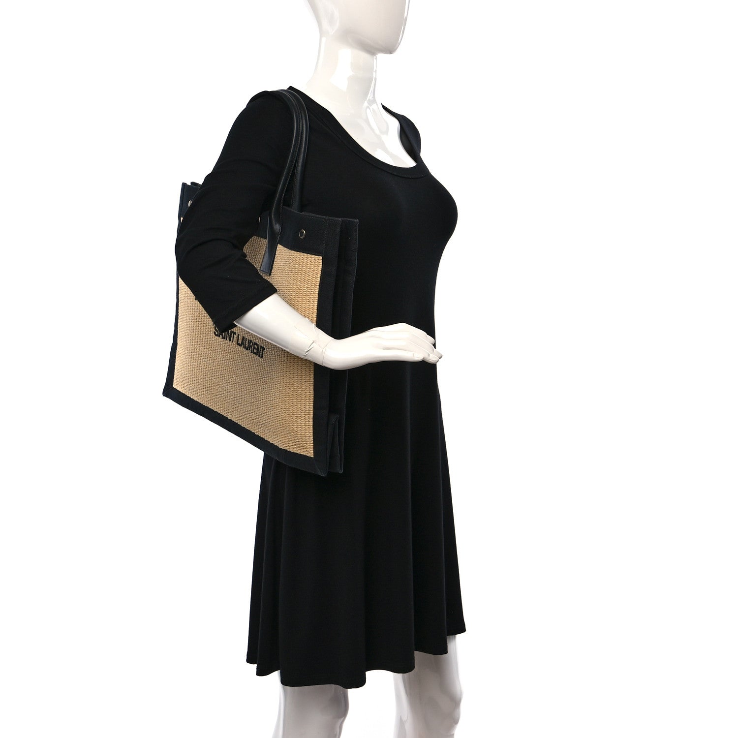 Saint Laurent Raffia Linen Calfskin Rive Gauche Tote Naturale Black 2 of 12