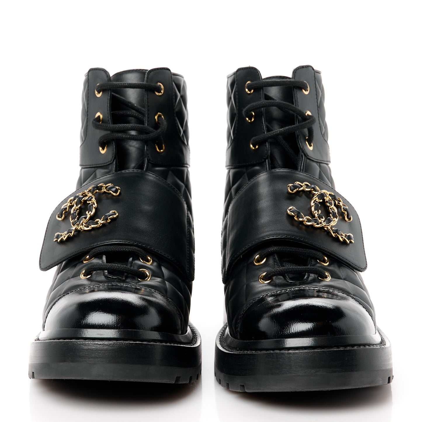 Shiny Calfskin Quilted Lace Up Combat Boots 39.5 Black
