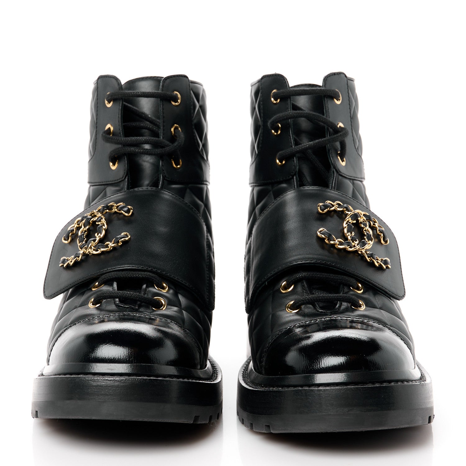 Chanel Shiny Calfskin Quilted Lace Up Combat Boots 39.5 Black 2 of 10