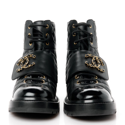 Chanel Shiny Calfskin Quilted Lace Up Combat Boots 39.5 Black 2 of 10
