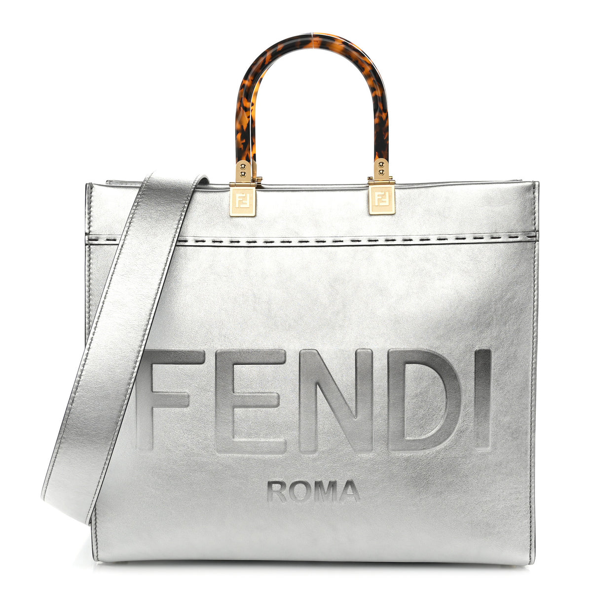 Fendi Vitello Catalan Mirror Plexiglass Logo Embossed Medium Fendi Sunshine Shopper Tote Argento 1 of 9