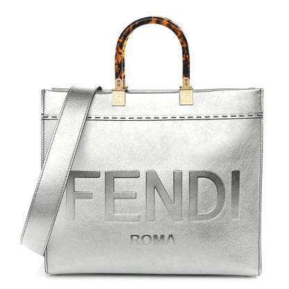 Fendi Vitello Catalan Mirror Plexiglass Logo Embossed Medium Fendi Sunshine Shopper Tote Argento 1 of 9