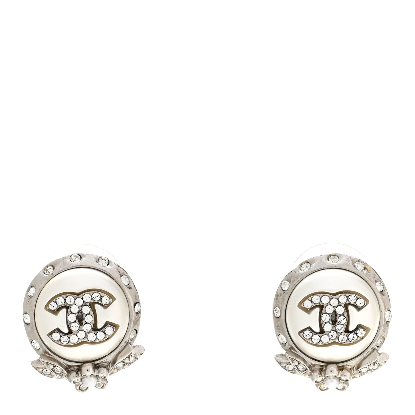 Pearl Crystal CC Round Earrings Silver