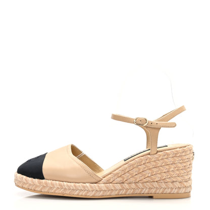 Chanel Lambskin Grosgrain CC Espadrilles Wedges 39 Beige Black 1 of 8