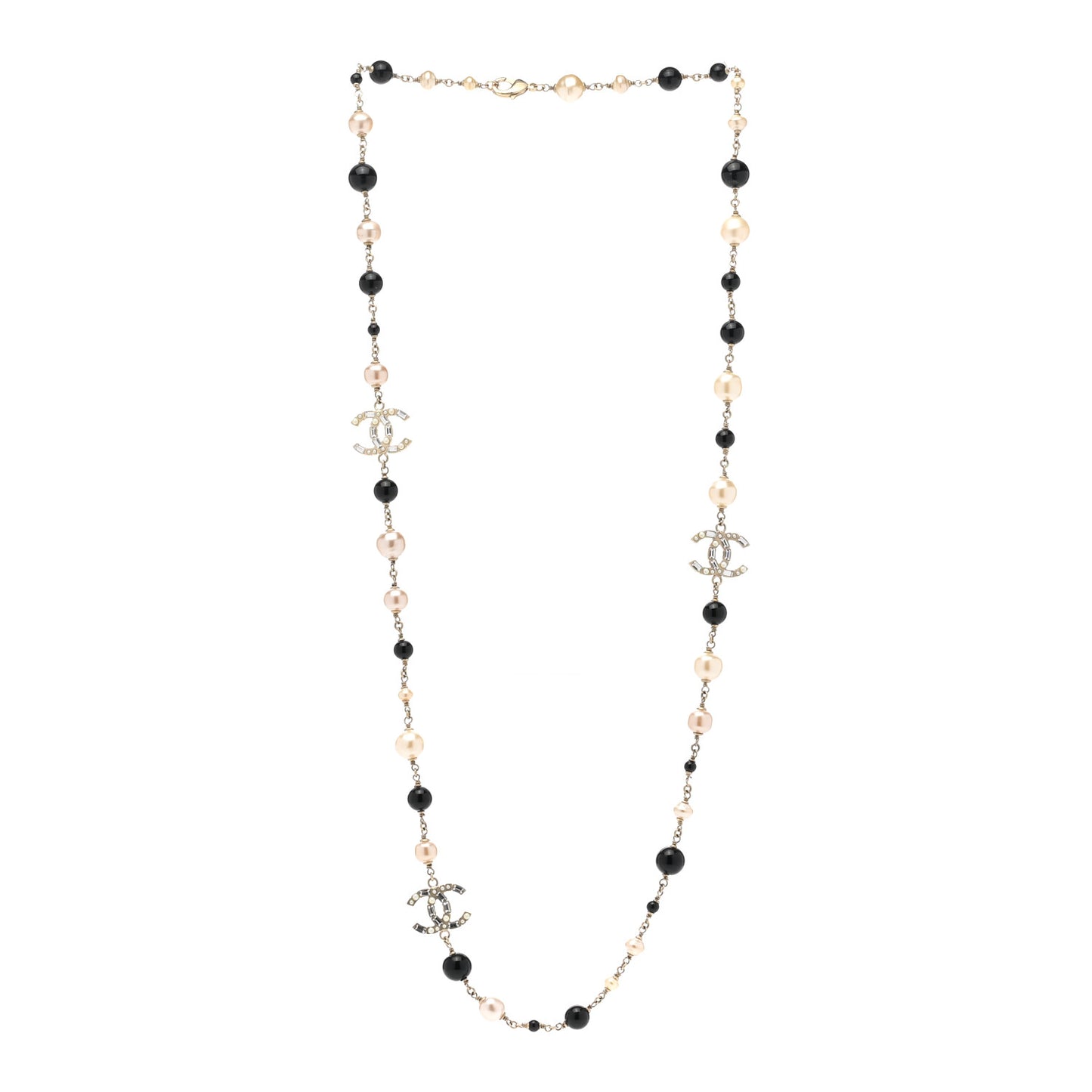 Pearl Crystal Baguette Beaded CC Long Necklace Black Gold