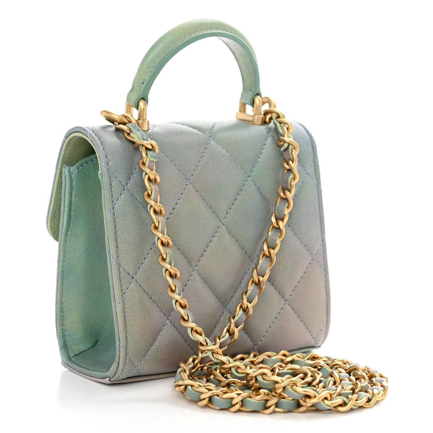 Chanel Lambskin Quilted Ombre Top Handle Flap Clutch With Chain Green Purple 3 of 11