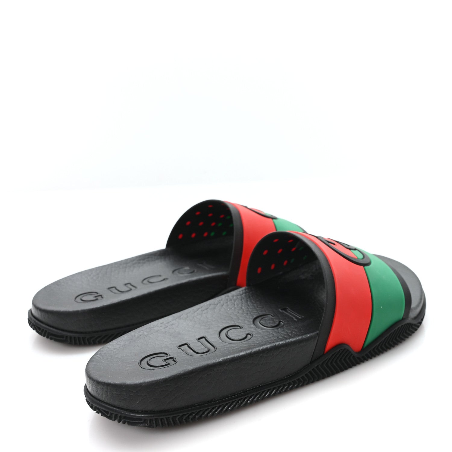あ GUCCI ブラック サンダル グリーン レッド Gucci Rubber Web Womens Interlocking G Slide Sandals 38 Black