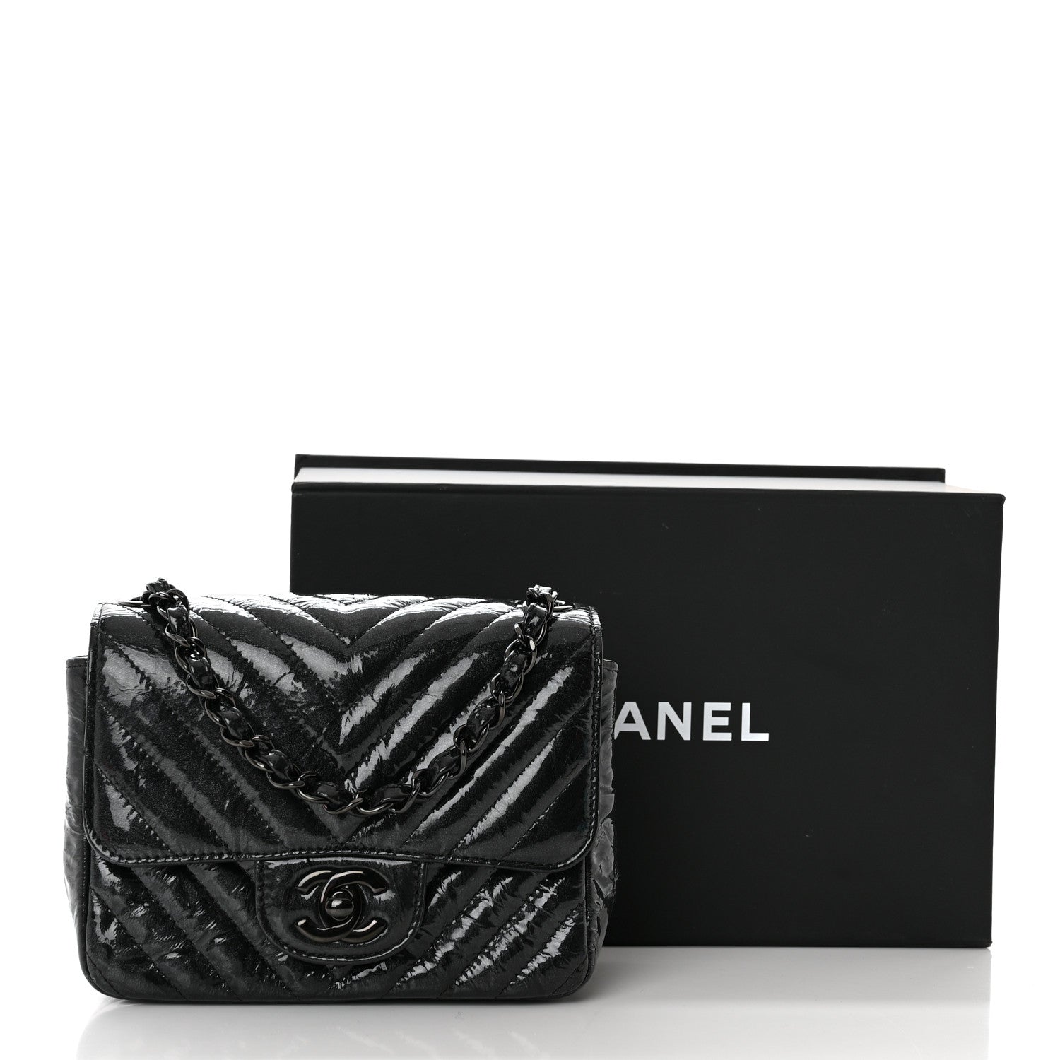 Chanel Metallic Crumpled Calfskin Chevron Quilted Mini Square Flap Black 11 of 11