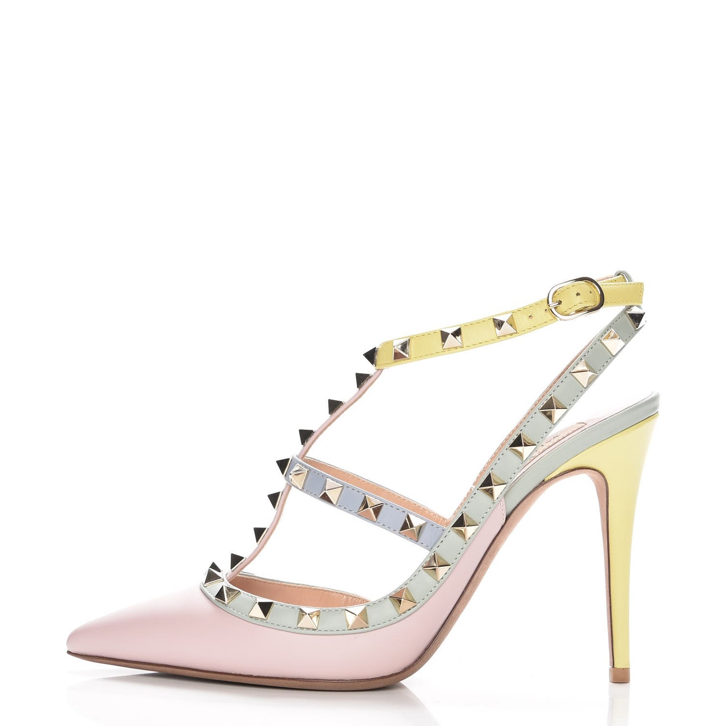 Nappa Watercolor Rockstud Ankle Strap 100mm Pumps 38 Rose Green Yellow Sky