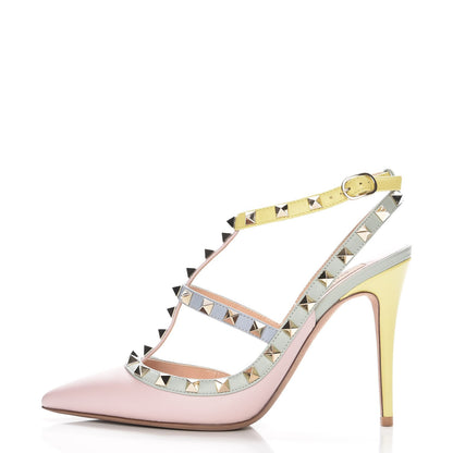 Valentino Garavani Nappa Watercolor Rockstud Ankle Strap 100mm Pumps 38 Rose Green Yellow Sky 1 of 9
