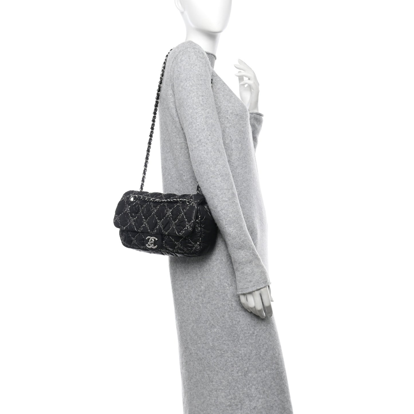 Nylon Quilted Tweed Stitch Medium Bubble Flap Black