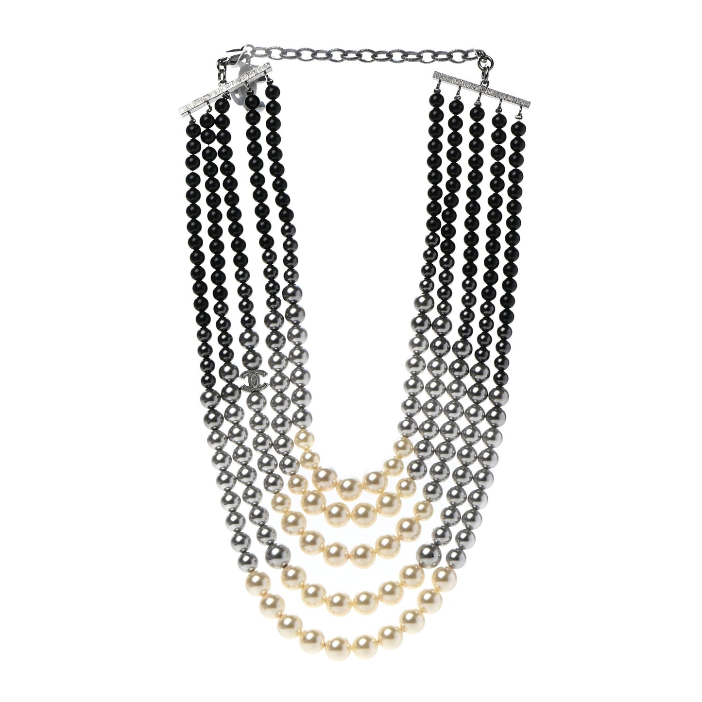Graduated Pearl CC Multi Strand Short Necklace Ruthenium Grey Black