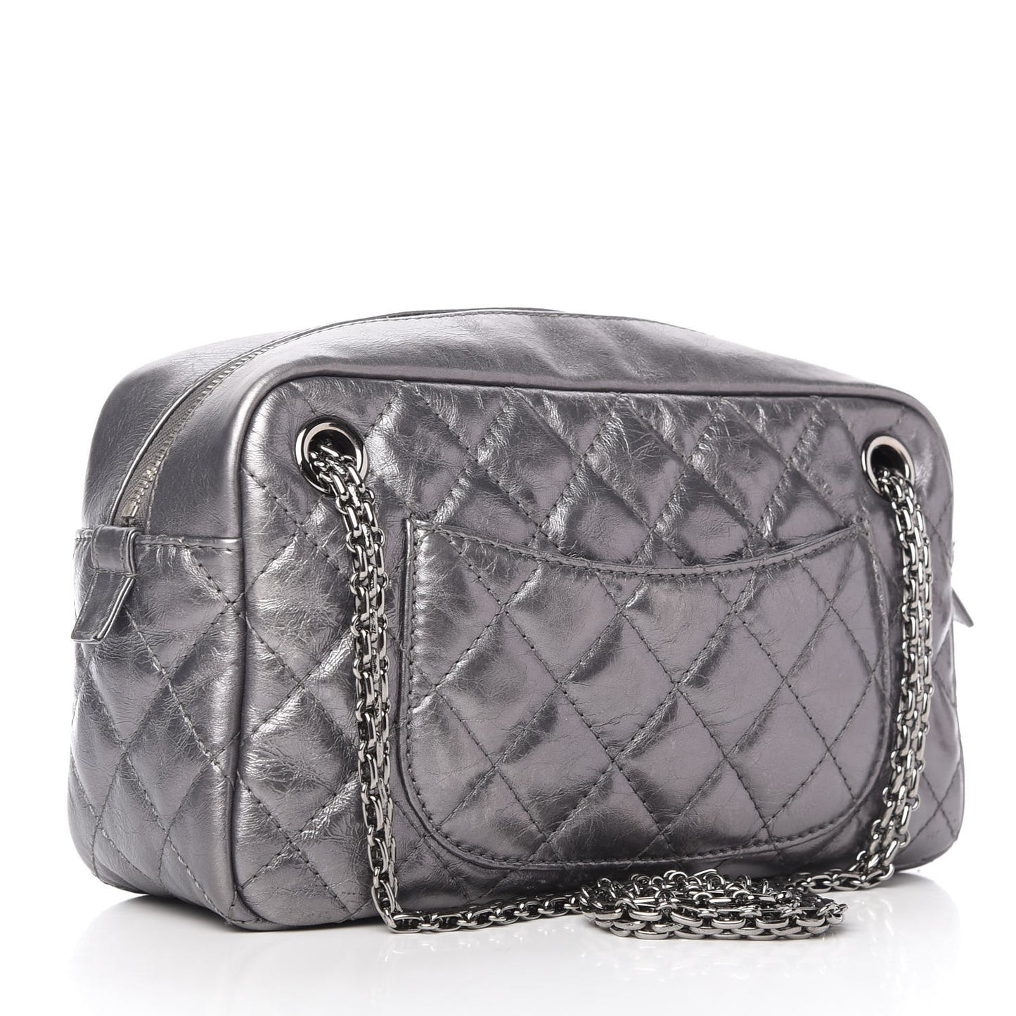 Metallic Aged Calfskin Quilted Medium Reissue Camera Case Dark Silver